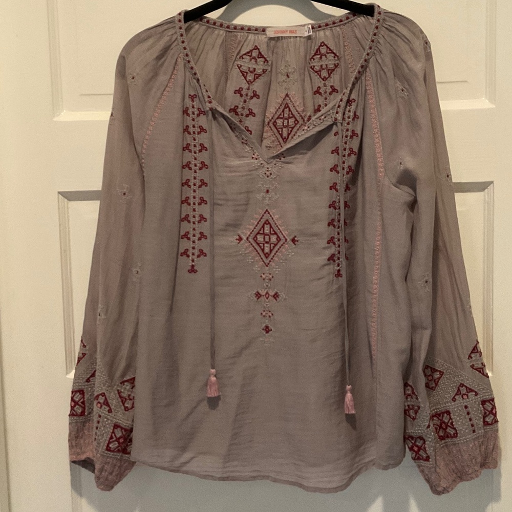 Embroidered Jonny Was tunic, grey, pink and maroon, size small